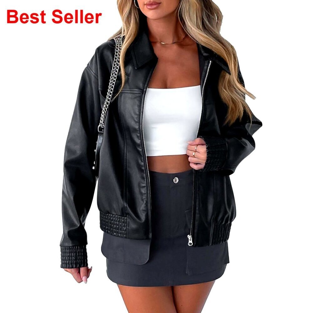 Faux Leather Bomber Jacket Long Sleeve Zip Up Motorcycle Coat